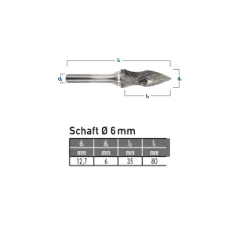 Solid Carbide Bur, Radius Shape Cylinder, Pointed Tree Ø 12.7x35mm, Z3 dIMENSIONS